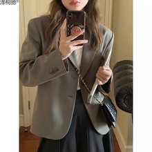 小西装外套2023春秋女休闲百搭英伦风灰色短款西服小个子上衣驰