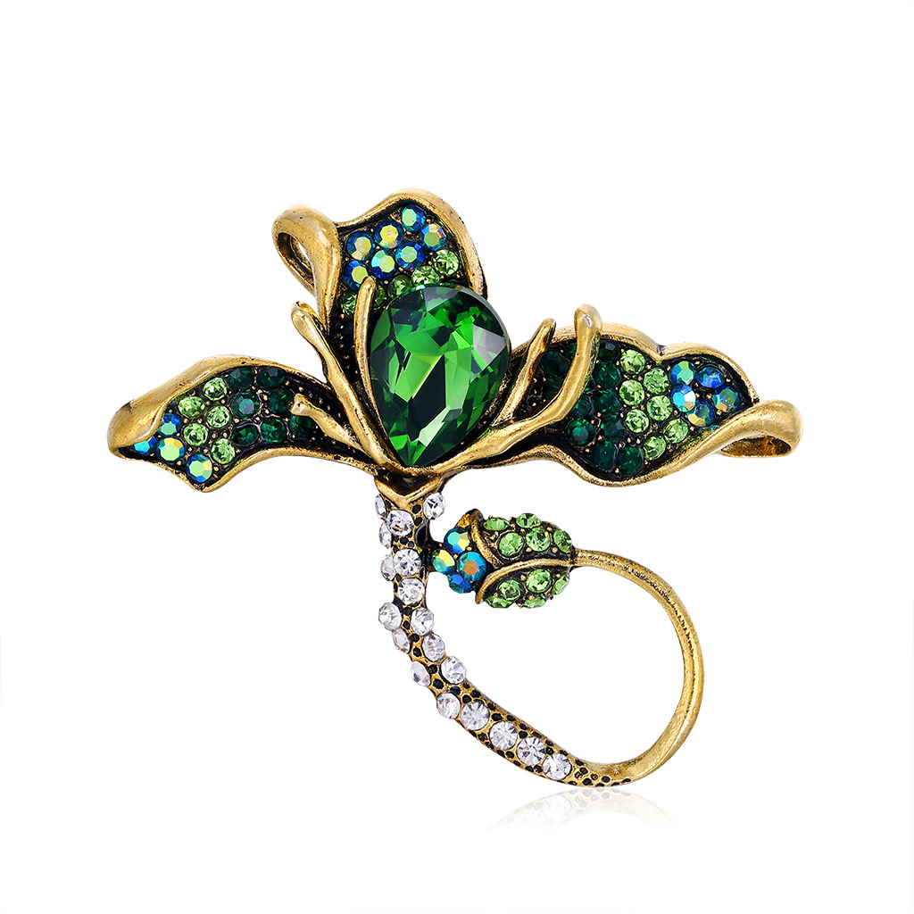 胸针批发 复古荷花 配饰丝巾扣 玻璃别针防走光水钻胸花 胸针饰品