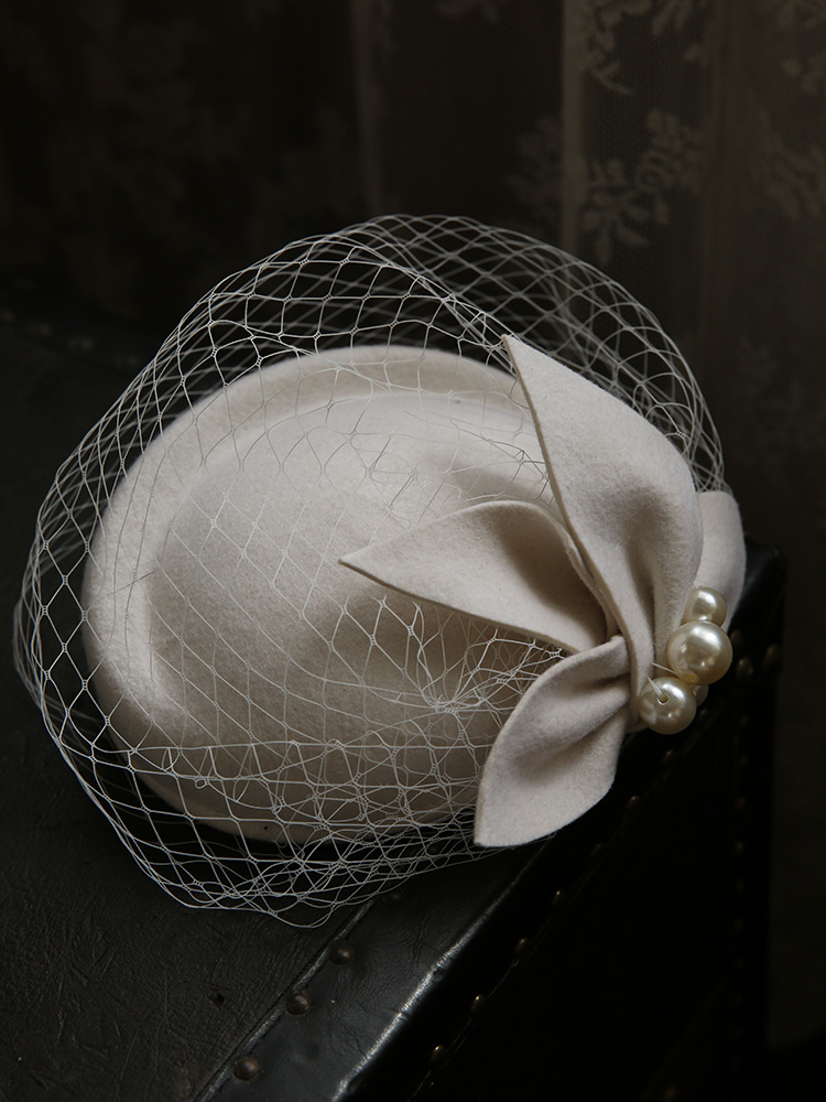 法式优雅英伦复古网纱贝雷帽羊毛呢小礼帽 婚纱宴会白色新娘头饰