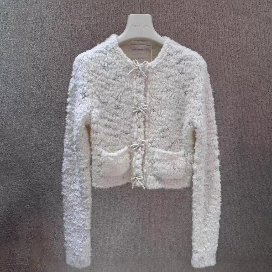 高版本2025秋冬新款经典蝴蝶结羊毛圈呢短款长袖开衫外套上衣女