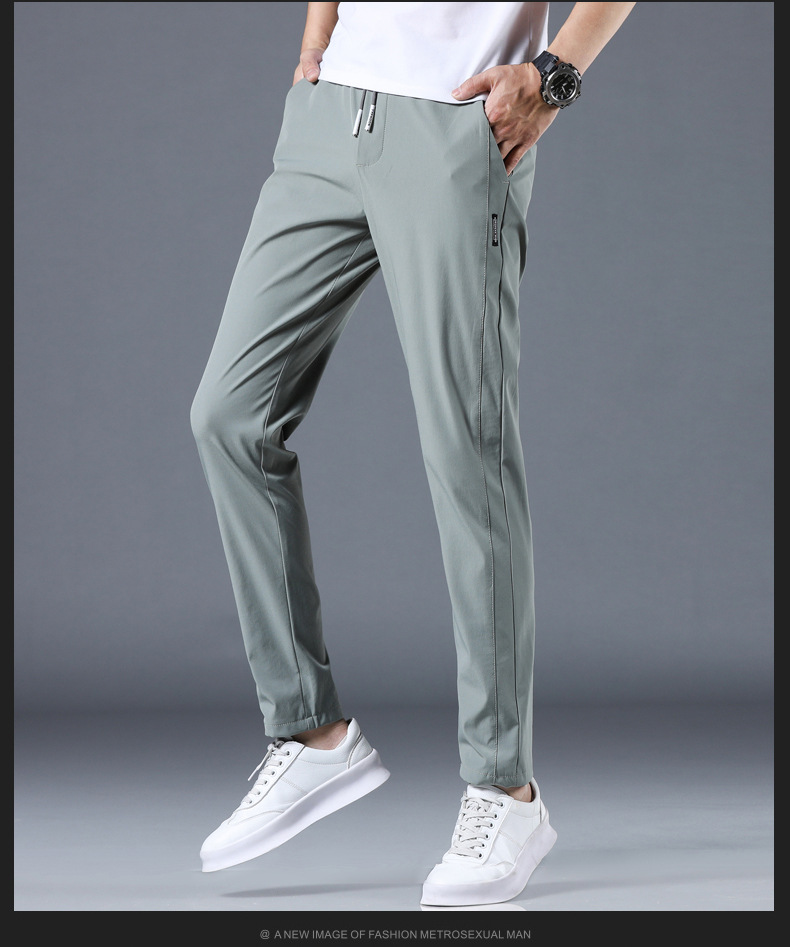 松紧腰系绳小脚休闲裤男2021夏季薄款弹力冰丝男裤子青年帅气男装