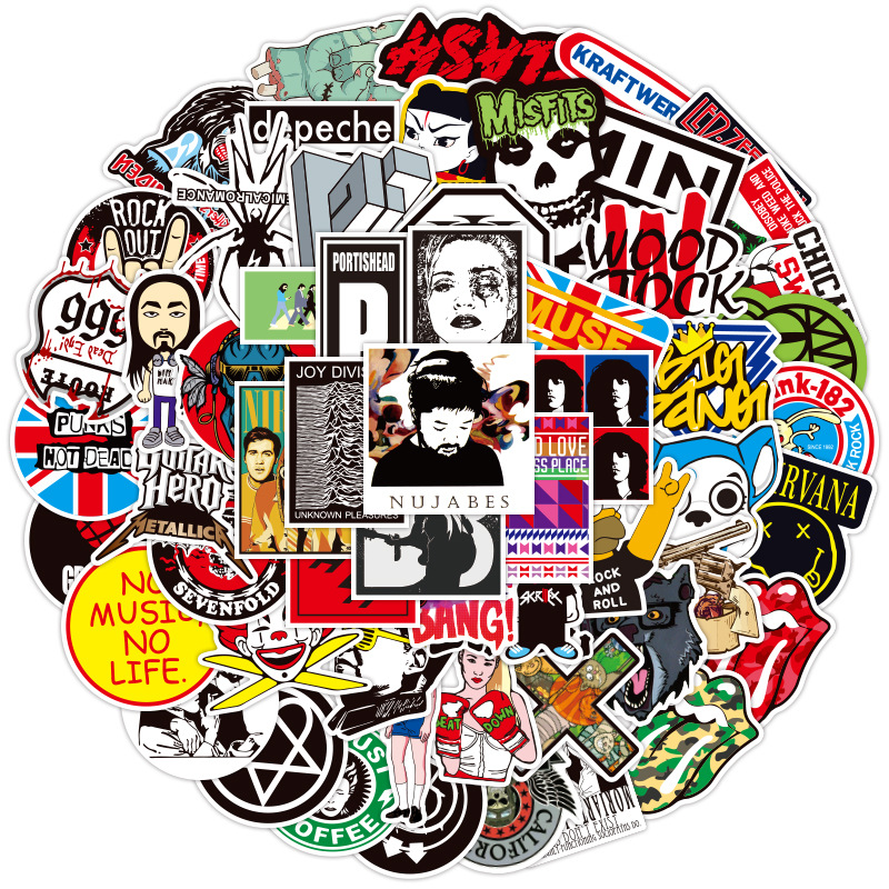 50张跨境摇滚嘻哈系列涂鸦贴纸个性水杯吉他行李箱防水贴画批发