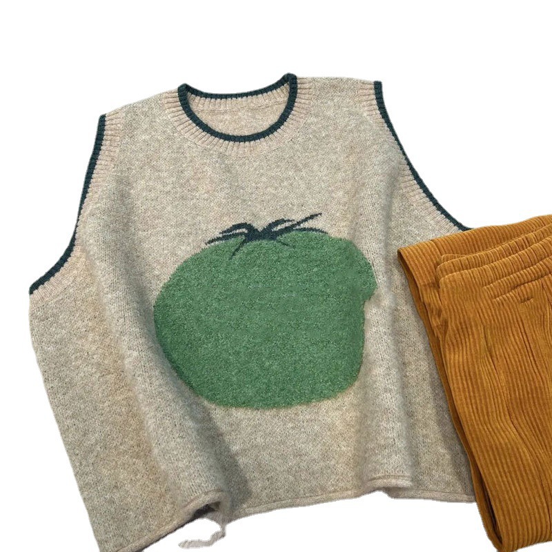 韩系绿番茄宽松短袖毛衣女外搭春秋新款洋气叠穿针织花朵马甲背心