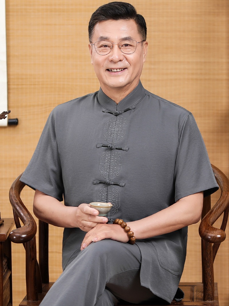 中老年人唐装男士短袖爸爸衬衫棉麻套装爷爷夏季晨练太极服汉服薄