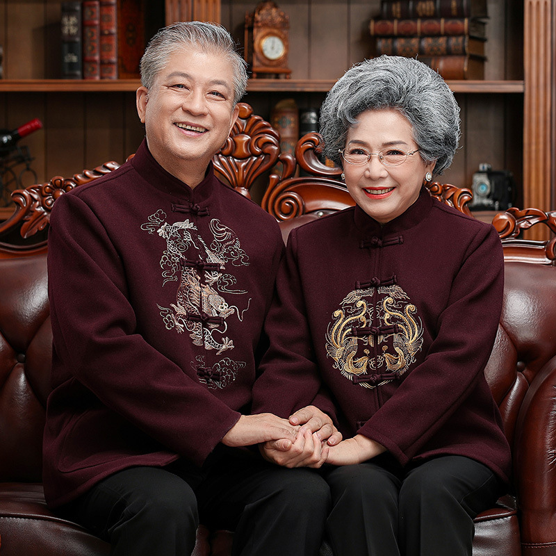 唐装男中老年爷爷奶奶过寿生日礼服老人衣服秋冬情侣装羊毛呢外套