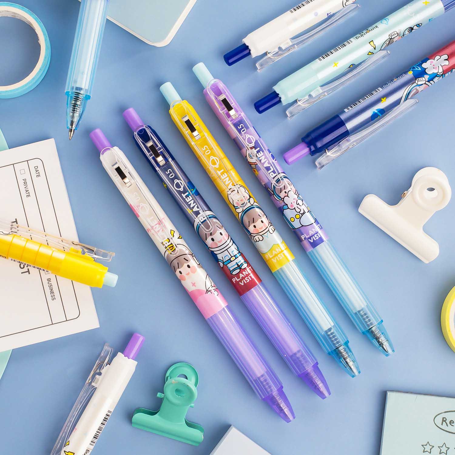 一木林星球探索按动子弹头中性笔学生黑色0.5软手握卡通水性笔6支