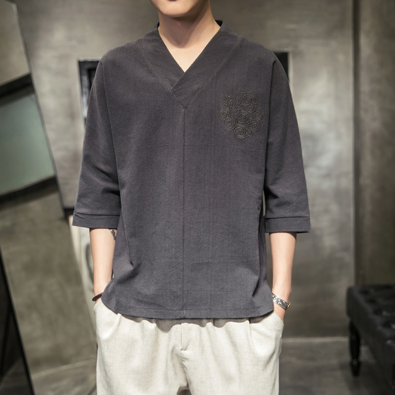 亚麻短袖t恤男夏季半袖中国风t恤唐装复古胖子棉麻套装男装衣服