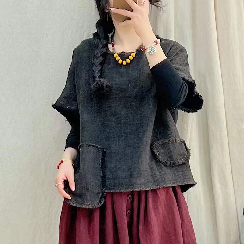 复古粗布麻料中袖小衫女圆领不规则亚麻外搭春季新款套头百搭上衣