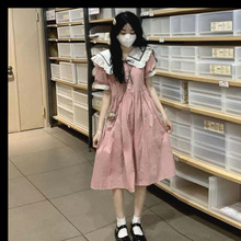 日系甜美可爱学院风娃娃领短袖连衣裙女夏季小个子减龄宽松a字裙