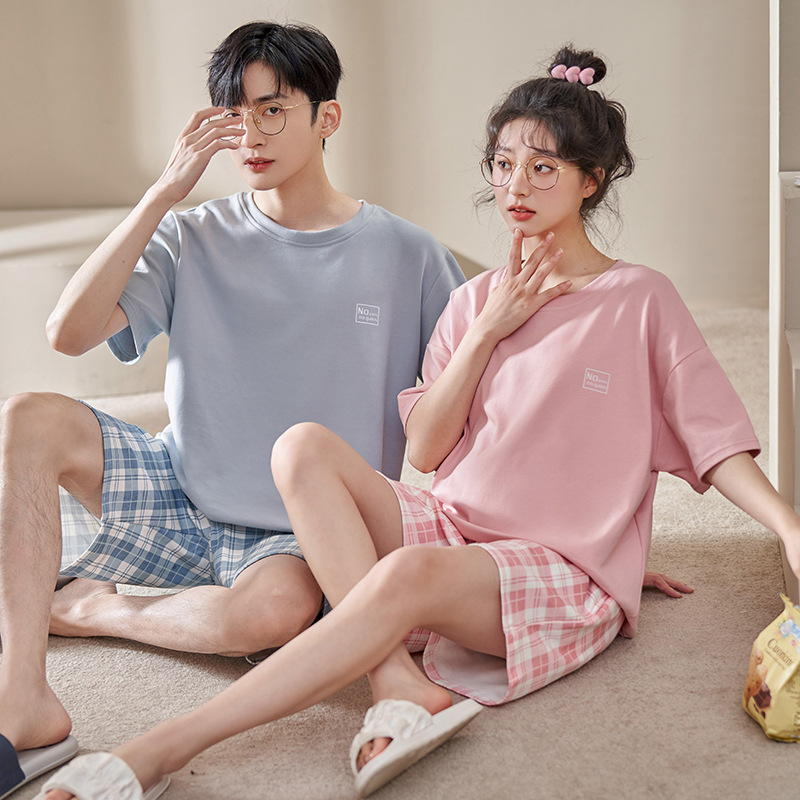 Couple Pajamas Women's Summer Cotton Short-Sleeved Shorts Thin Korean-Style Skin-Friendly Simple Men's Spring and Autumn Homewear Suit