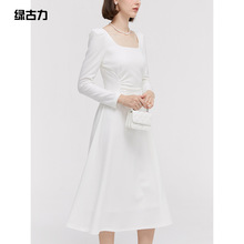 绿古力法式连衣裙女春秋新款气质小白裙小众设计长款礼服领证裙子