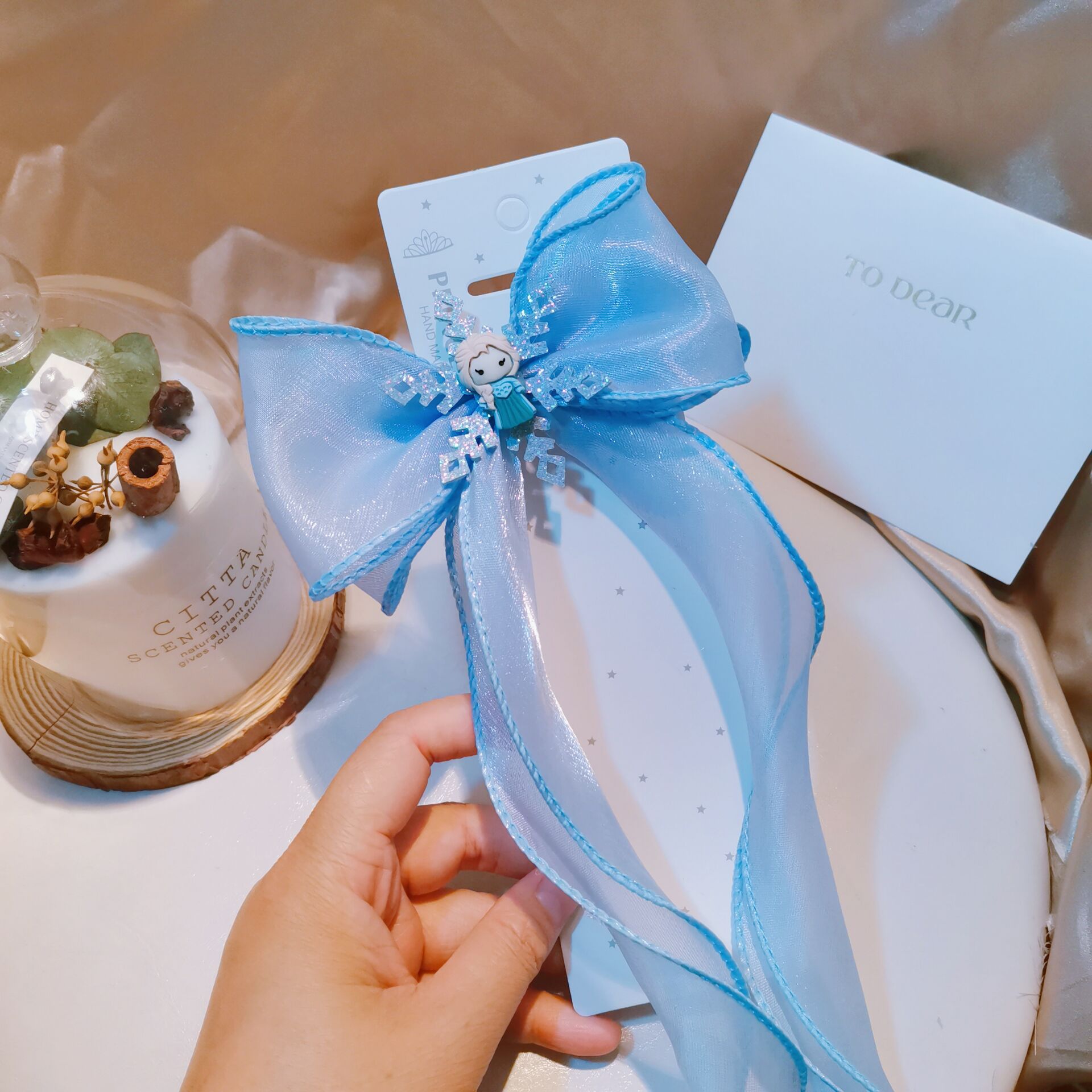 diy蓝色飘带雪花公主蝴蝶结配件 儿童发饰编发蝴蝶结材料女孩辫子