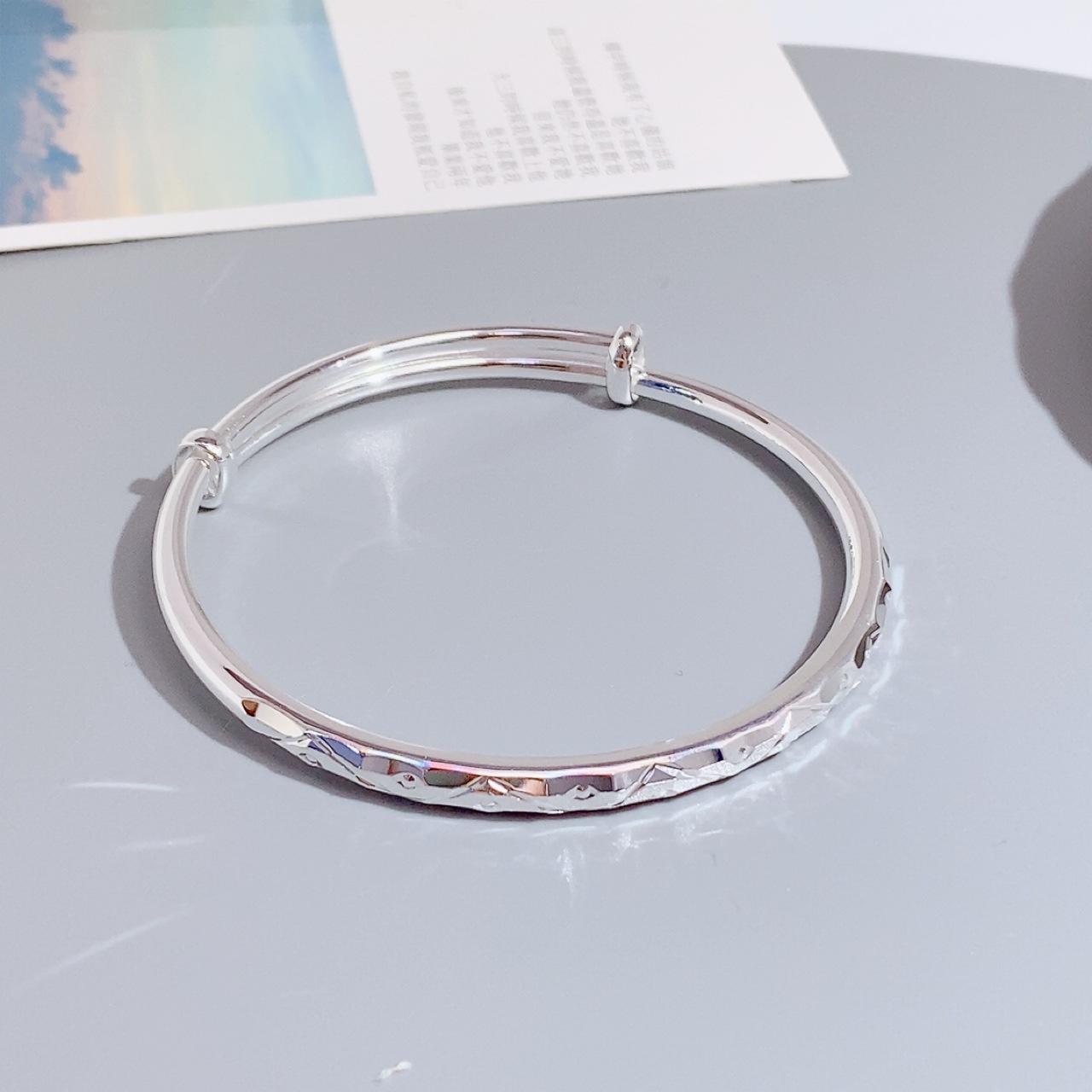 圆棍拉环车花钩彩s999纯银手镯银镯子年轻款实心银饰时尚小众