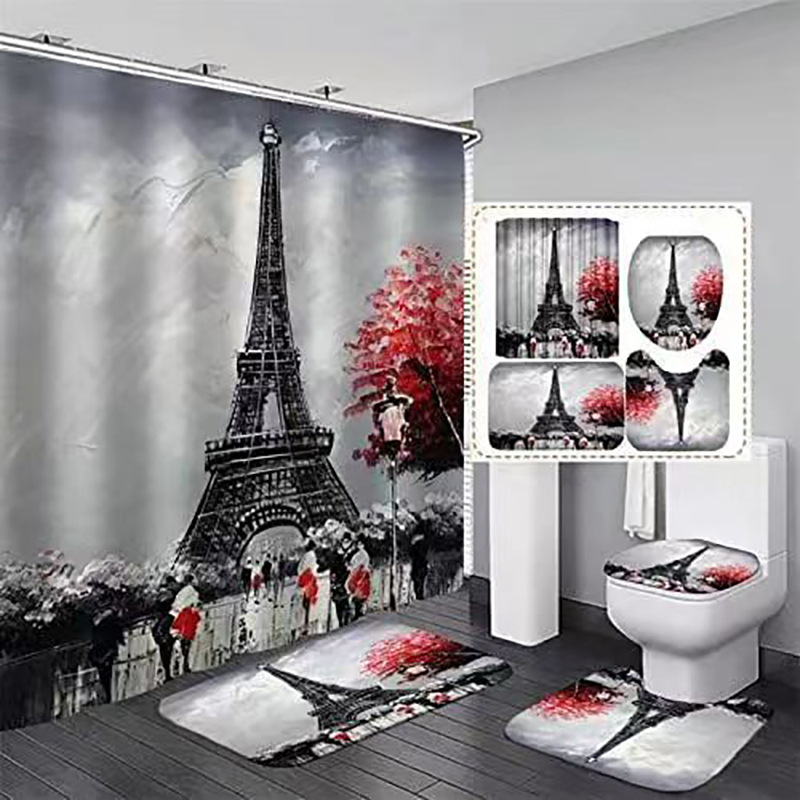 Amazon Waterproof Shower Curtain Polyester Bathroom Shower Curtain Mildew-Proof Geometric Paris Tower Bathroom Curtain Pictures Can Be Used