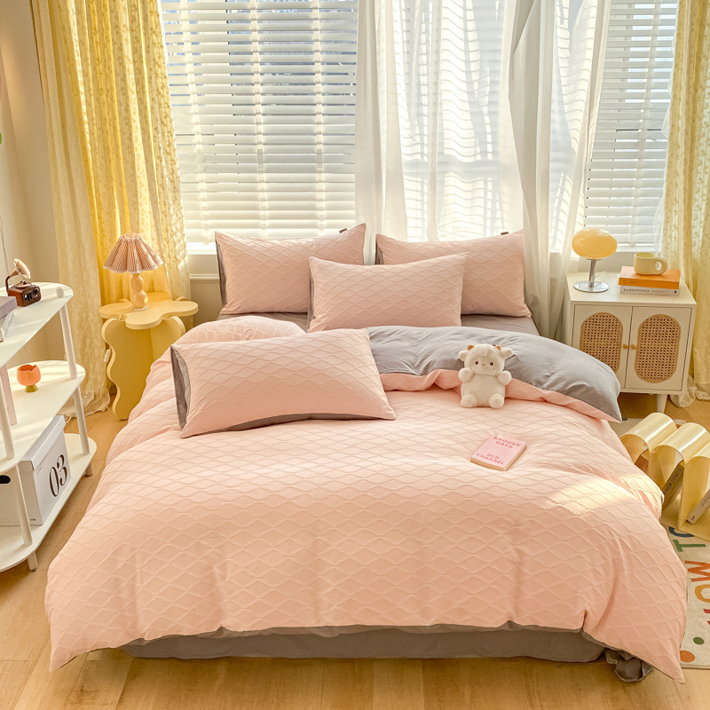 Simple Style Seersucker Washed Cotton Four-Piece Set Bed Sheet Quilt Cover Bed Cover Student Dormitory Bed Three-Piece Set Wholesale