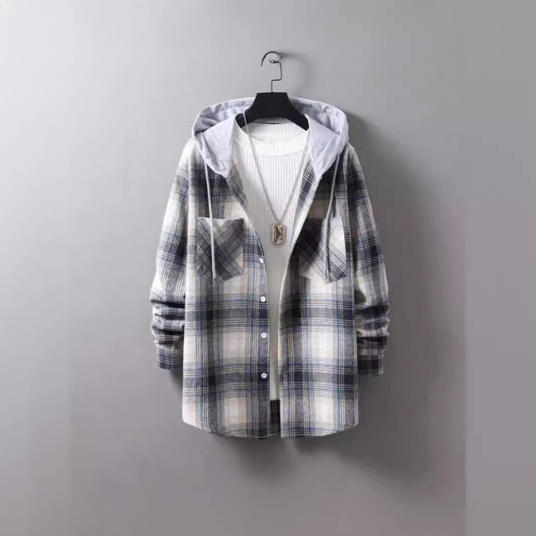 秋冬款外贸男士休闲宽松连帽磨毛格子长袖衬衫韩版加厚男拼色外套