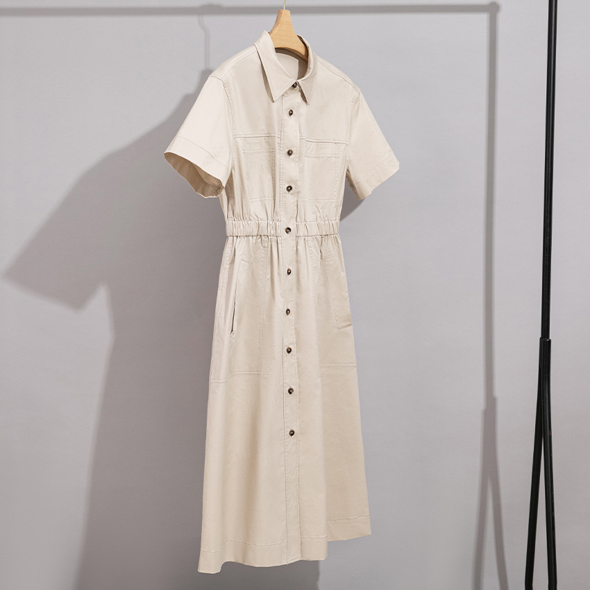 棉麻新斜纹工装连衣裙女短袖长款松紧腰舒适透气显瘦女裙子夏季新