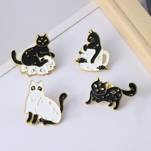 欧美新款合金动物胸针创意卡通可爱黑白猫咪造型烤漆徽章衣服配饰