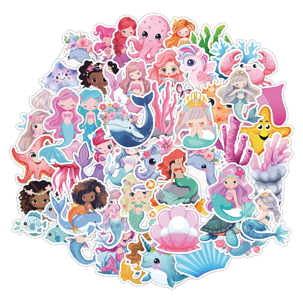 50张可爱美人鱼女生卡通手账贴纸行李箱手机壳防水文具装饰sticke
