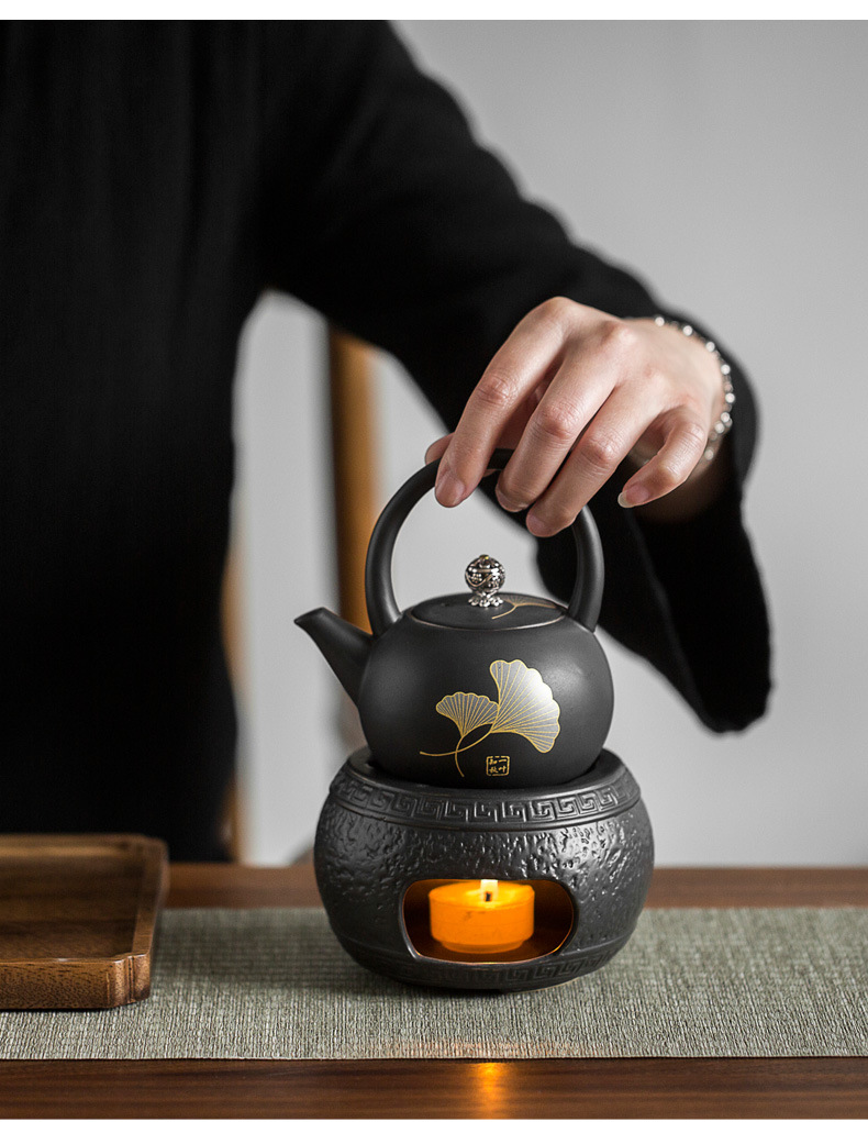 提梁壶家用单壶温茶温酒炉茶壶托盘古泥陶泡茶器简约鎏金功夫茶具