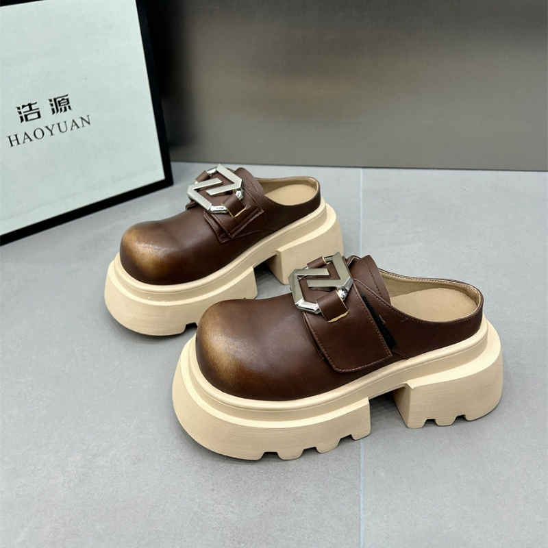 欧洲站厚底乐福鞋春秋新款包头拖鞋女外穿百搭单鞋休闲小皮鞋