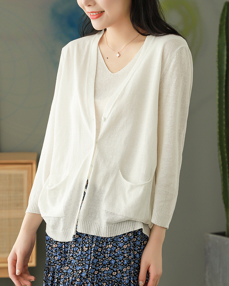 2022春季新款复古亚麻假两件针织衫女舒适宽松上衣