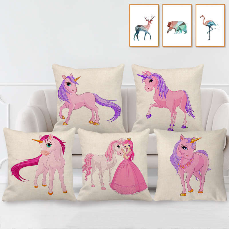 跨境欧美粉红色独角兽亚麻抱枕套厂家批发定制汽车沙发靠枕套靠垫