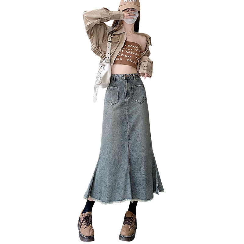 Denim Skirt Autumn New Slimming Sheath Skirt for Women High Waist All-Matching Casual Retro Fishtail Skirt