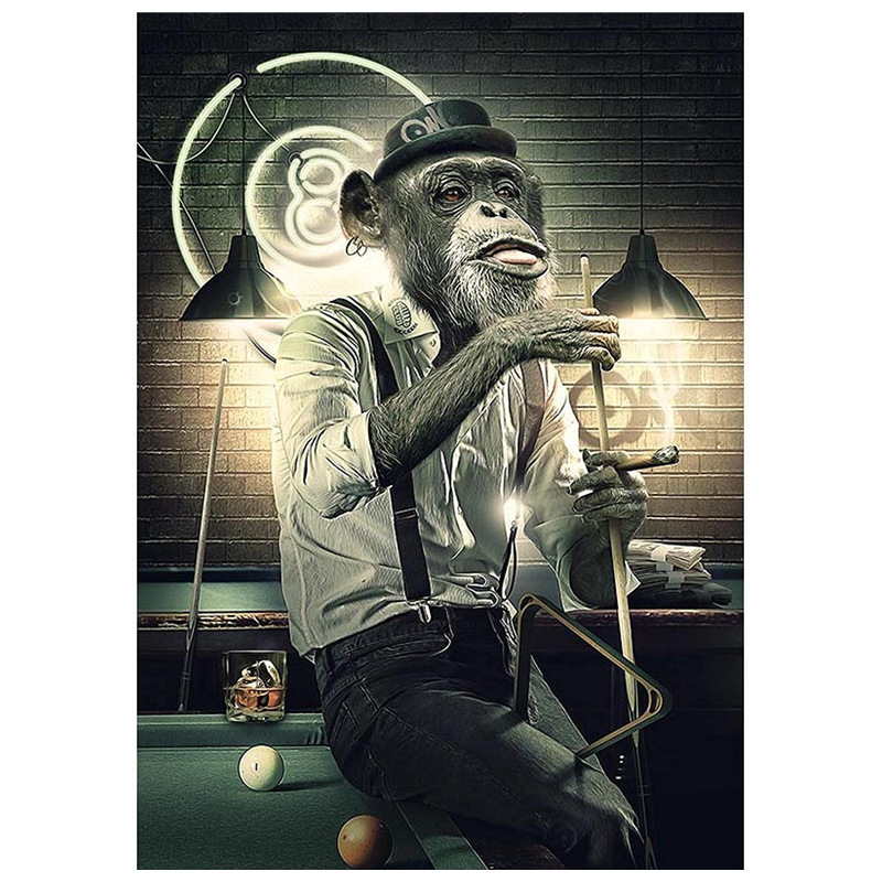 趣味搞笑帆布画猴子打台球艺术画跨境热销海报和版画家居装饰画