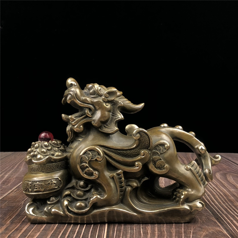 黄铜貔貅铜独角兽聚宝盆貔貅做旧仿古黄铜摆件家居办公摆件