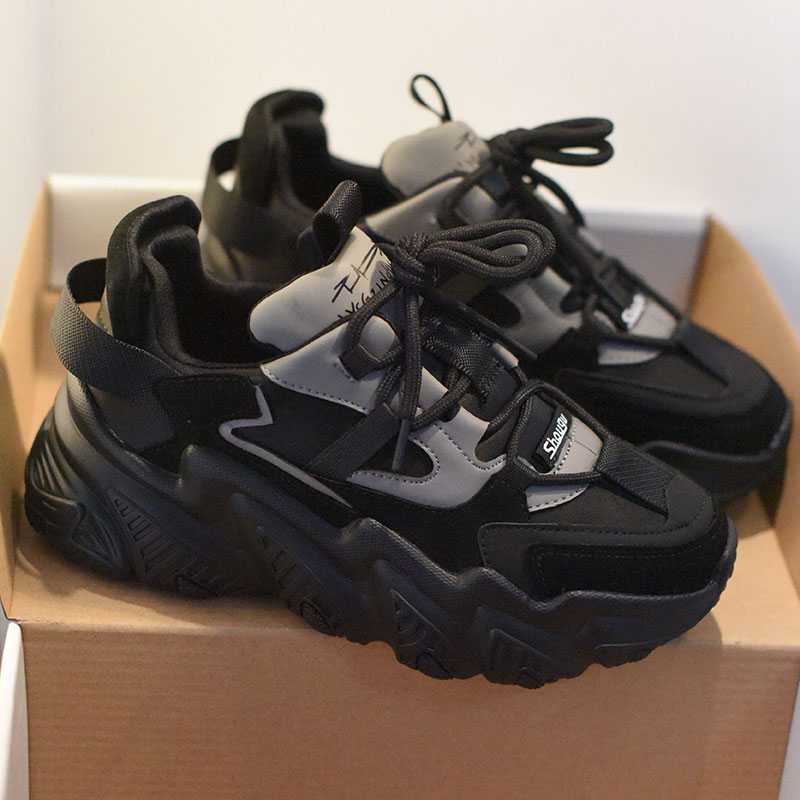 首谷黑色真皮老爹鞋女加绒二棉潮牌秋冬季厚底轻便百搭休闲运动鞋