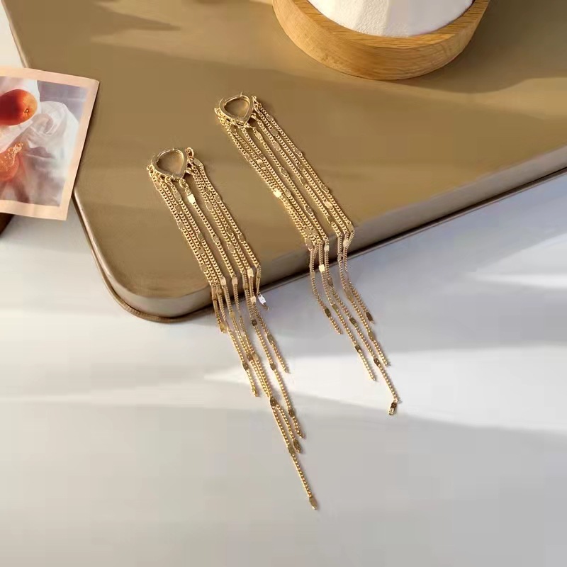 Sterling Silver Needle Retro Hong Kong Style Long Tassel Ear Clip Geometric Fashion Metal Personality Earrings