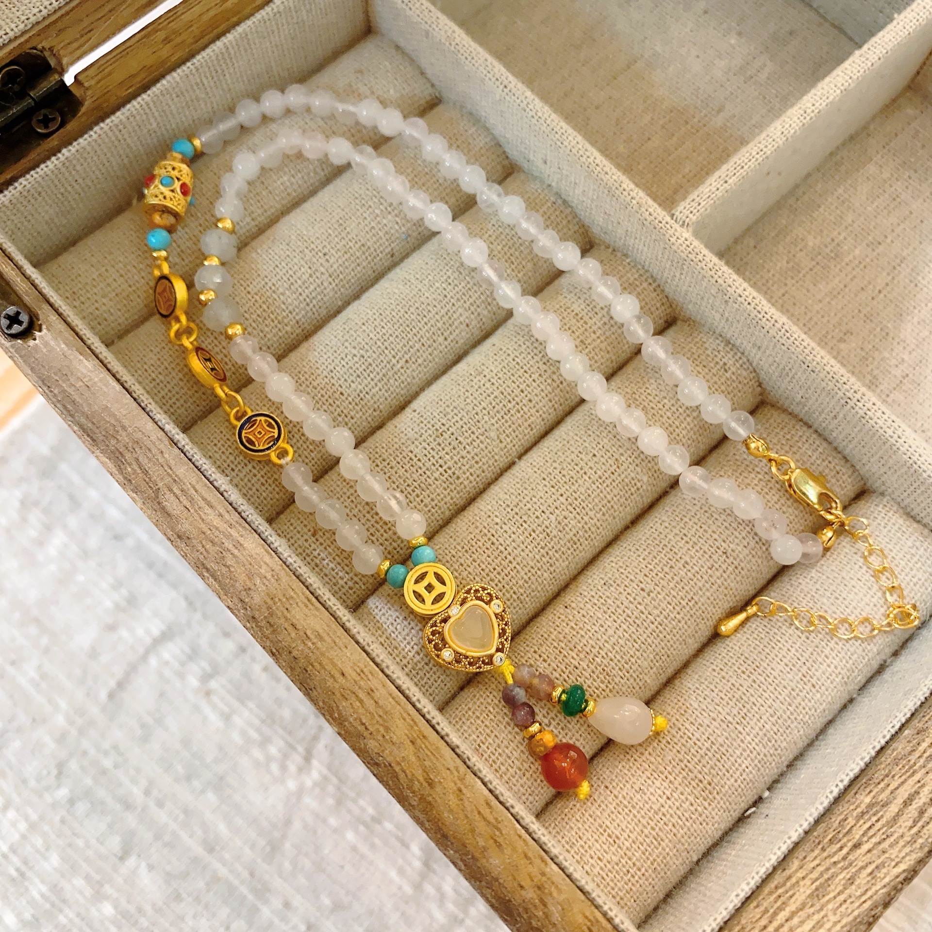 复古新中式民族风项链国风镂空爱心粉晶毛衣链五福圆满吊坠玛瑙