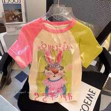 拼接撞色短袖t恤女2023新款夏季设计感小众小个子纯棉兔子上衣ins