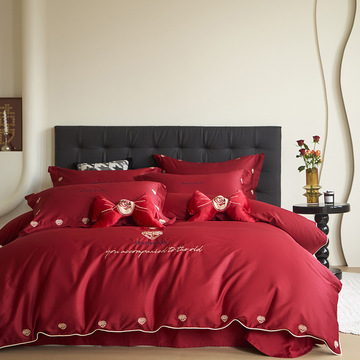 高端简约中式婚庆红色100s长绒棉四件套全棉新婚雅婚陪嫁床上用品