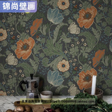 美式壁纸复古花朵植物北欧ins儿童房卧室背景墙法式墙纸田园墙布