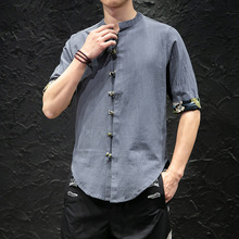 中国风夏季男式棉麻中袖衬衫复古盘扣拼色印花修身唐装半袖衬衣