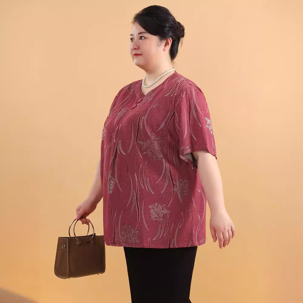 加肥特大码奶奶中老年女装短袖t恤胖妈妈夏装200斤上衣胖太太套装