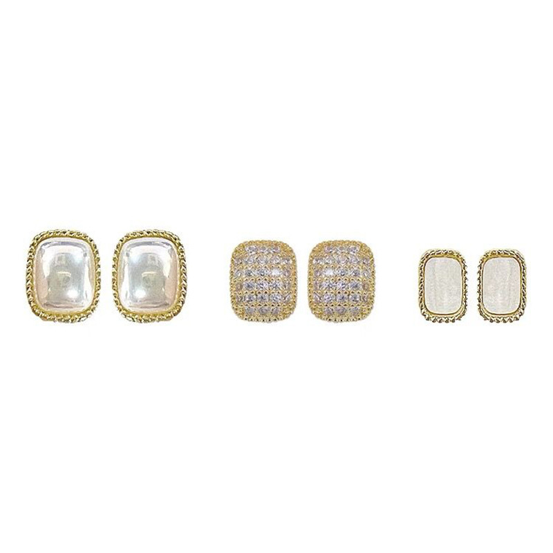 Silver Stud Rhinestone-Encrusted Pearl Square Geometric Earrings Set Special-Interest Design Ins Style Stud Earrings Sweet Temperament Earrings Women