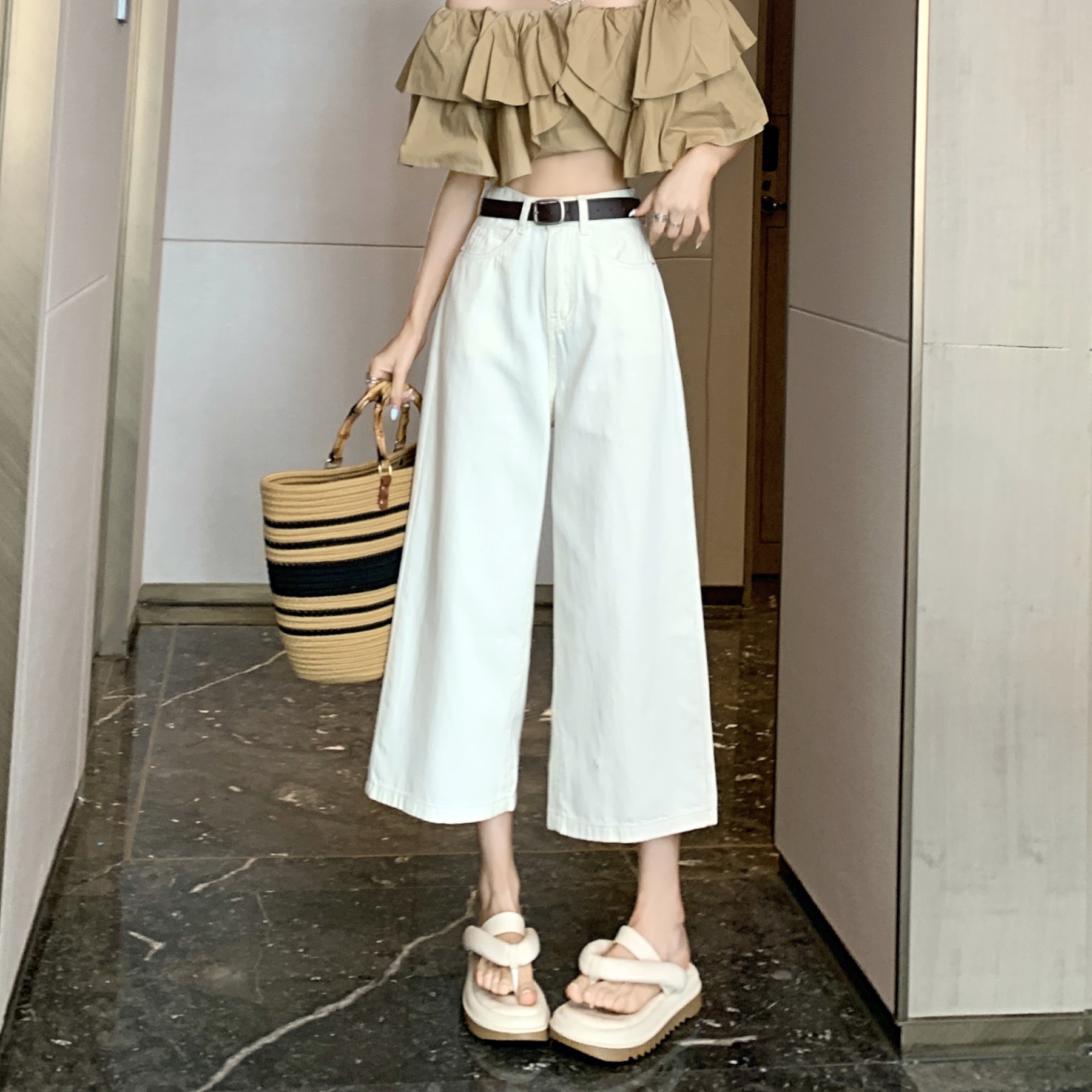 米白色牛仔裤女夏季2024年新款韩版显瘦高腰八分裤直筒宽松阔腿裤