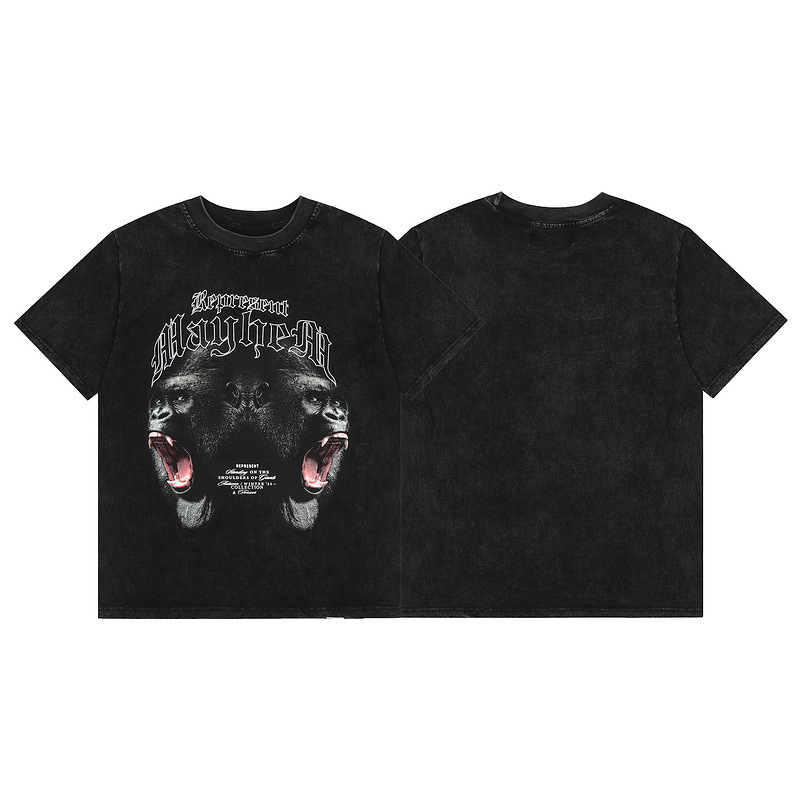 潮牌侃爷represent大猩猩印花纯棉水洗重磅做旧男士宽松短袖t恤