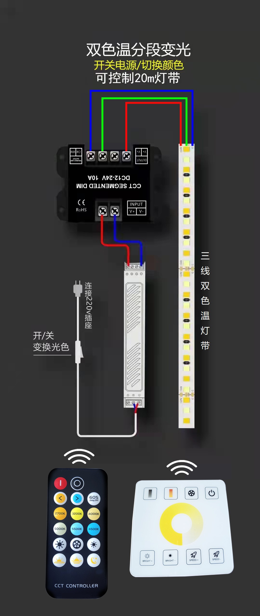 低压led双色温控制器rf30a调光器无线触摸面板调控白光暖白灯带