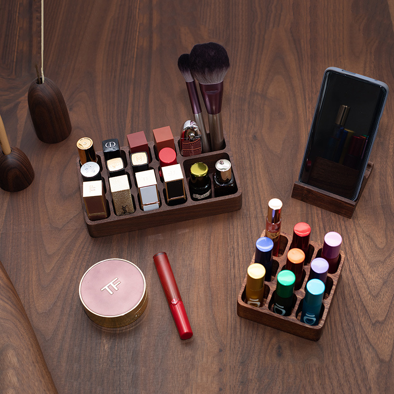 黑胡桃口红彩妆眼影桌面收纳盒木质木制护肤化妆梳妆台精油置物架