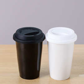 北欧风创意双层隔热水杯无柄牛奶咖啡杯陶瓷马克杯带硅胶盖印logo