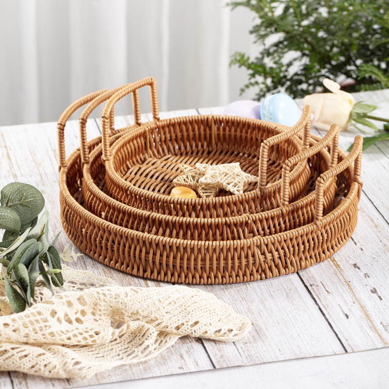 imitation rattan tray picnic fruit snack basket binaural rattan basket breakfast frame round woven basket bread dessert basket