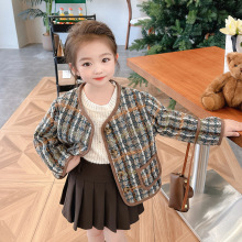 儿童圆领洋气格子夹克2023春秋新款韩版女宝宝小香风夹棉保暖外套