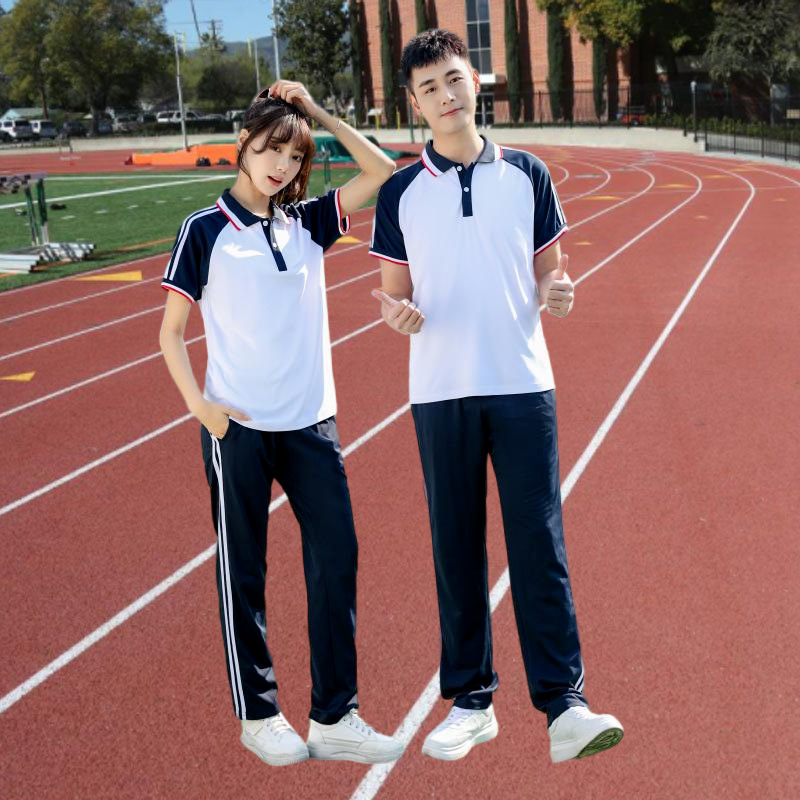 校服夏季短袖两件套装中学生蓝色纯棉t恤长裤初中生运动班服高中