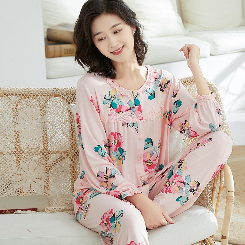 莫代尔棉睡衣女士夏季春秋薄款长袖长裤圆领中年妈妈家居服套装