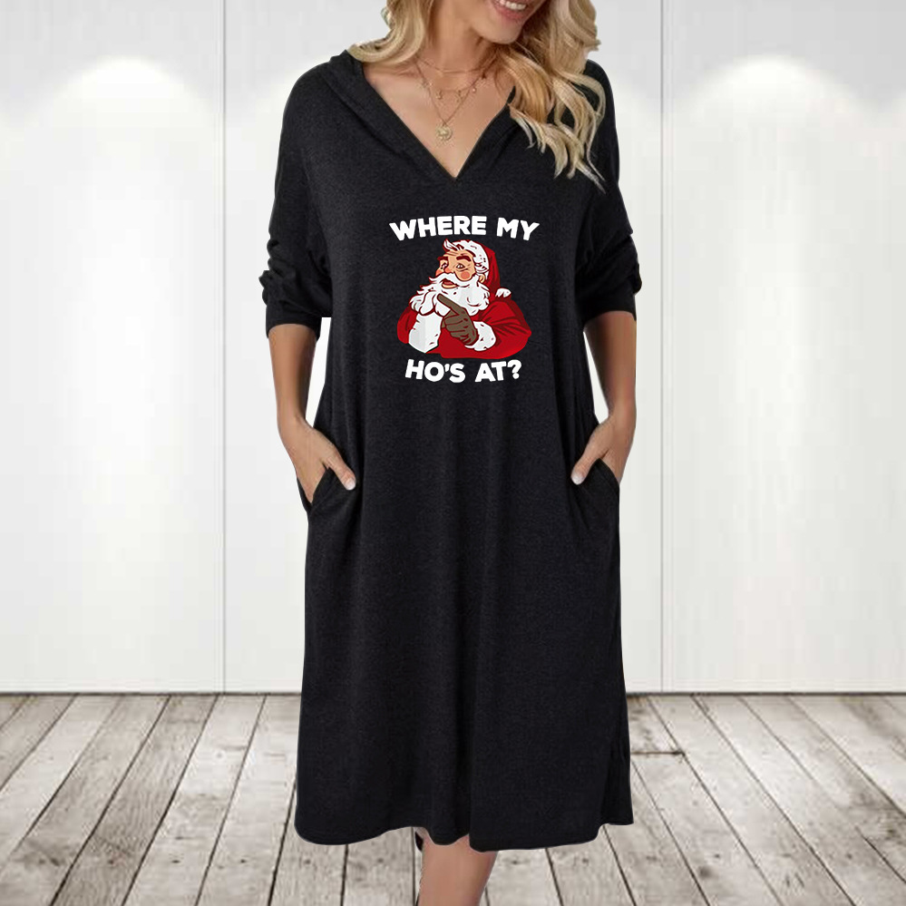 2023秋冬新款欧美女装 亚马逊针织口袋 圣诞节圣诞老人印花连衣裙