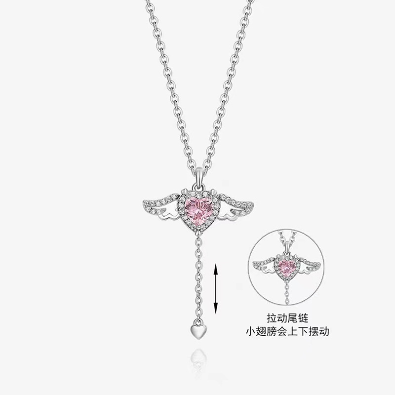 S925 Silver Moving Little Wing Cupid Heart Necklace Zircon Pendant Design Love Angel Clavicle Chain